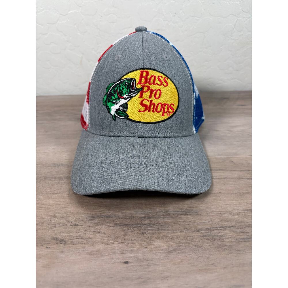 Bass Pro Shop Stars and Stripes Gray Red White Blue Trucker Hat-‎ EUC